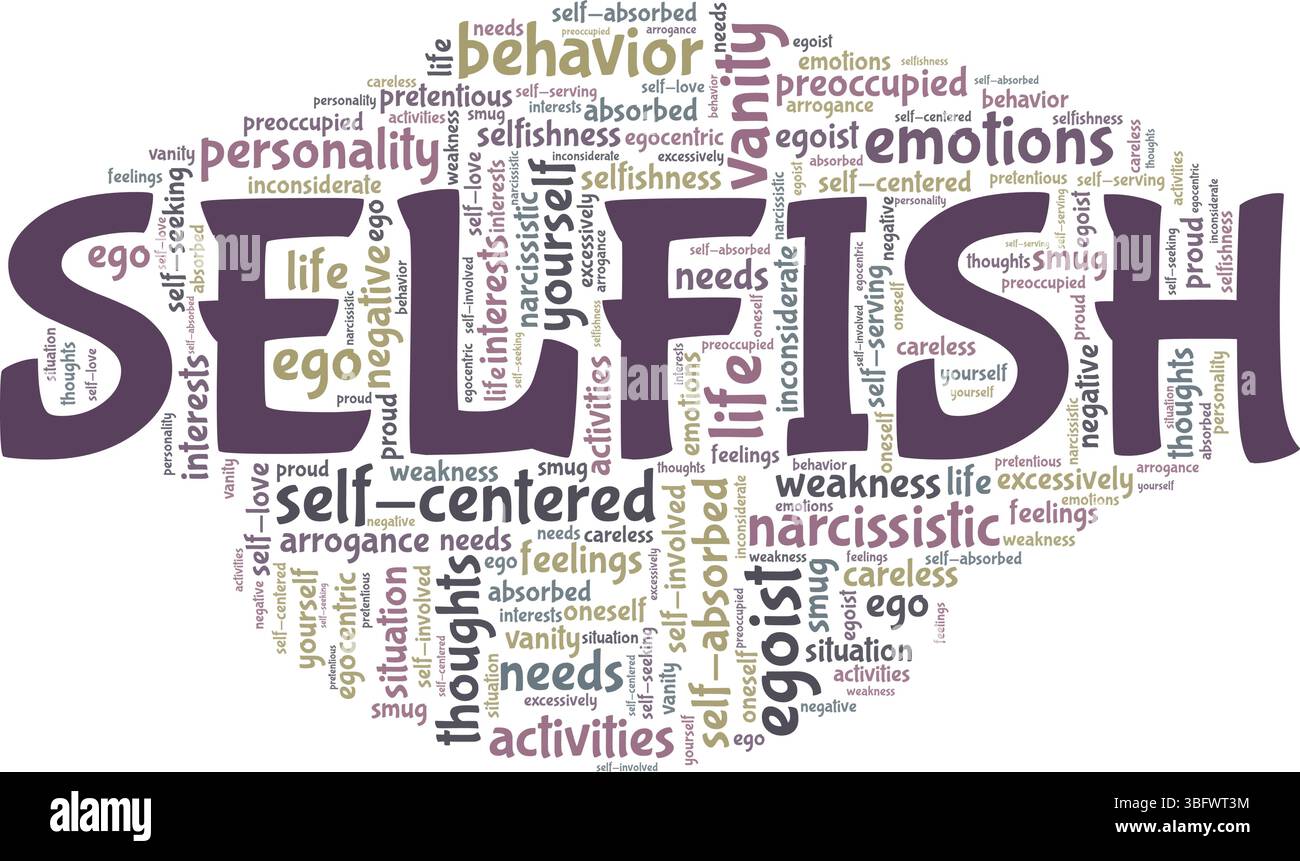 Selfish vector illustration word cloud isolated on a white background. Stock Vector