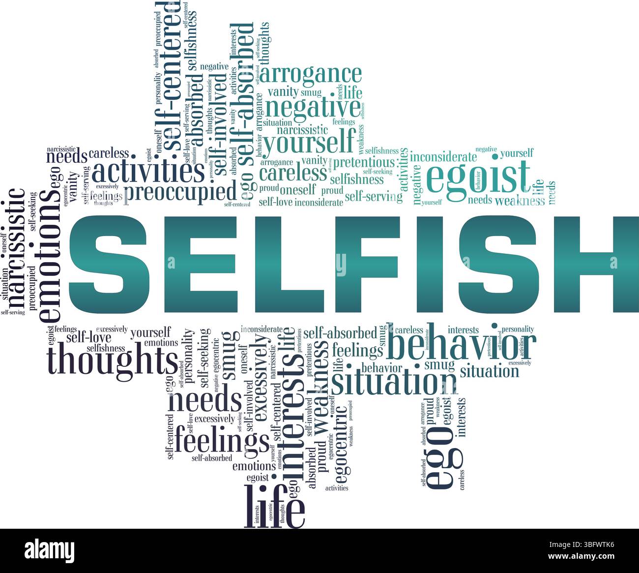 Selfish vector illustration word cloud isolated on a white background. Stock Vector
