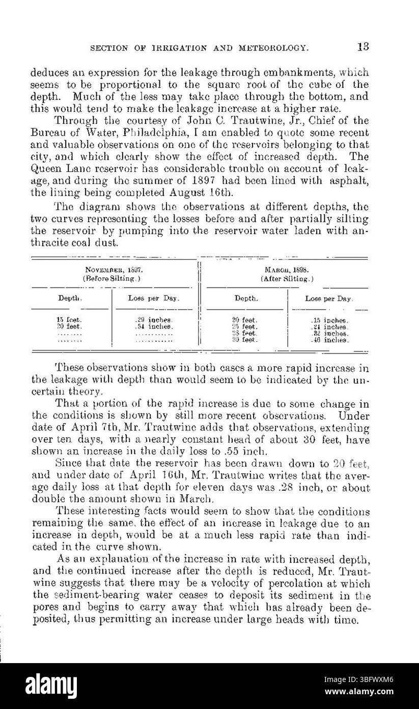 This section of the 1898 report focuses on the loss of water from reservoirs, detailing how seepage and evaporation contributed to water shortages. It highlights the impact on water conservation practices and infrastructure. Stock Photo