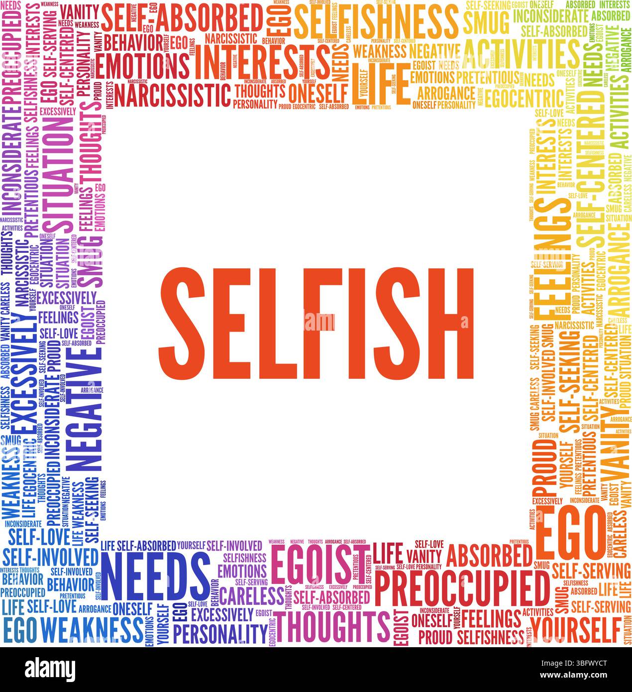 Selfish vector illustration word cloud isolated on a white background. Stock Vector