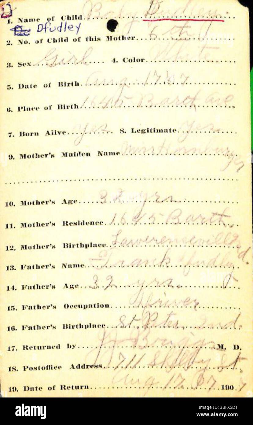 This entry features birth returns from 1882 to 1907 in Marion County