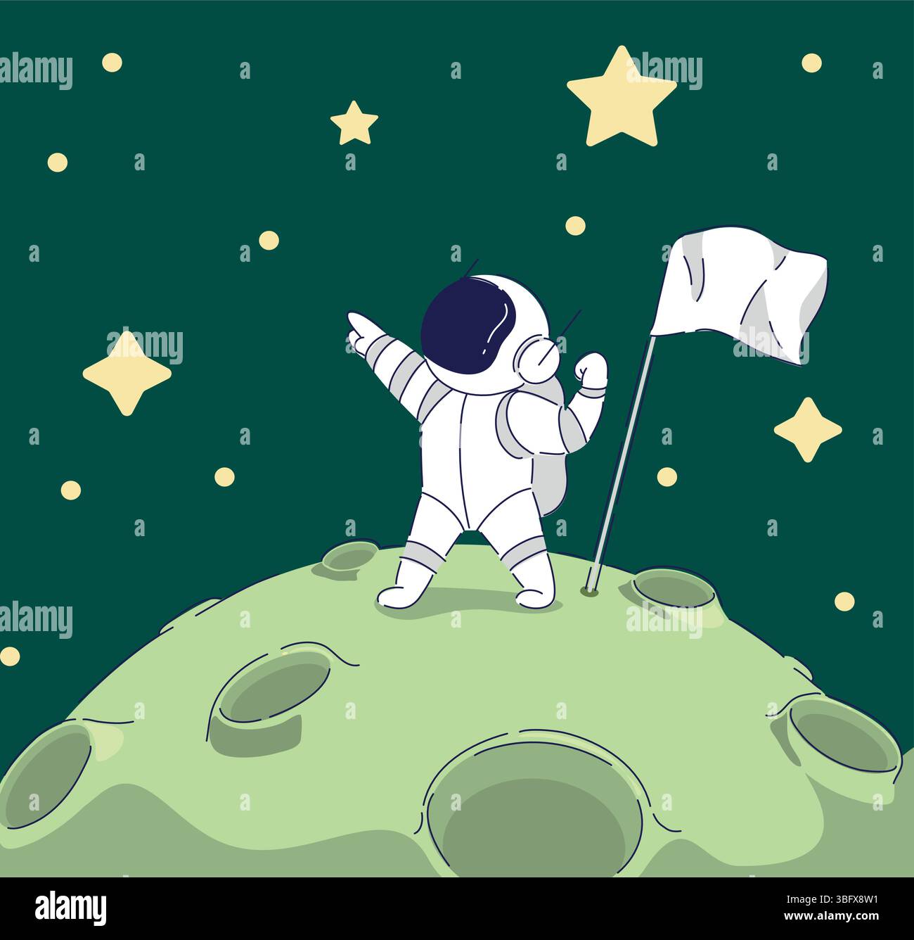 An astronaut standing triumphantly on the Moon, surrounded by twinkling ...
