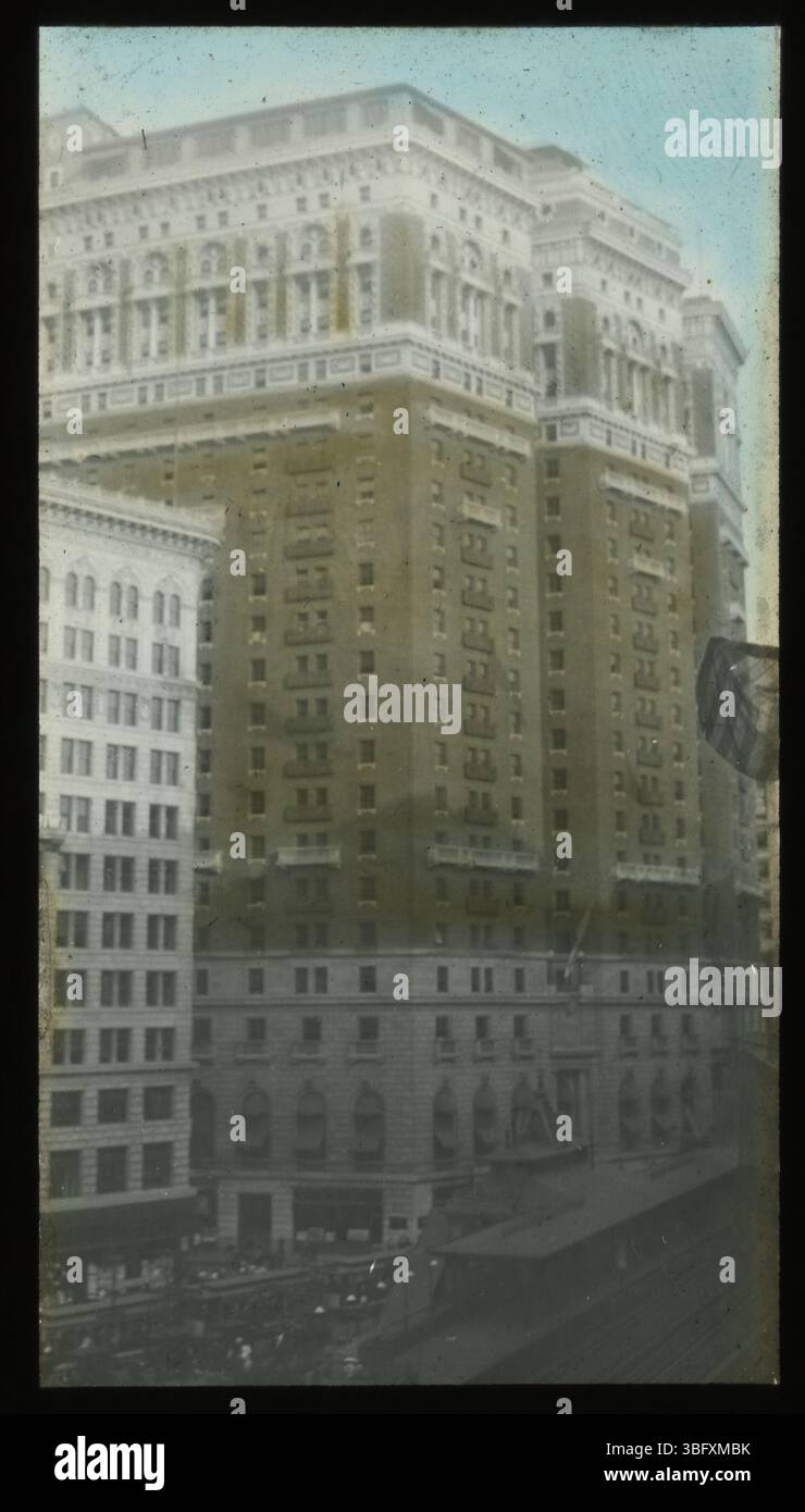 The Hotel McAlpin in New York City, built in 1912, was the world’s largest hotel at the time of its opening. The Arrases visited New York in 1913, documenting their travel experiences. Edmund F. Arras was a prominent businessman from Columbus, Ohio. The hotel is noted for its size, with 24 stories and nine elevators, reflecting the city's rapid development. Stock Photo