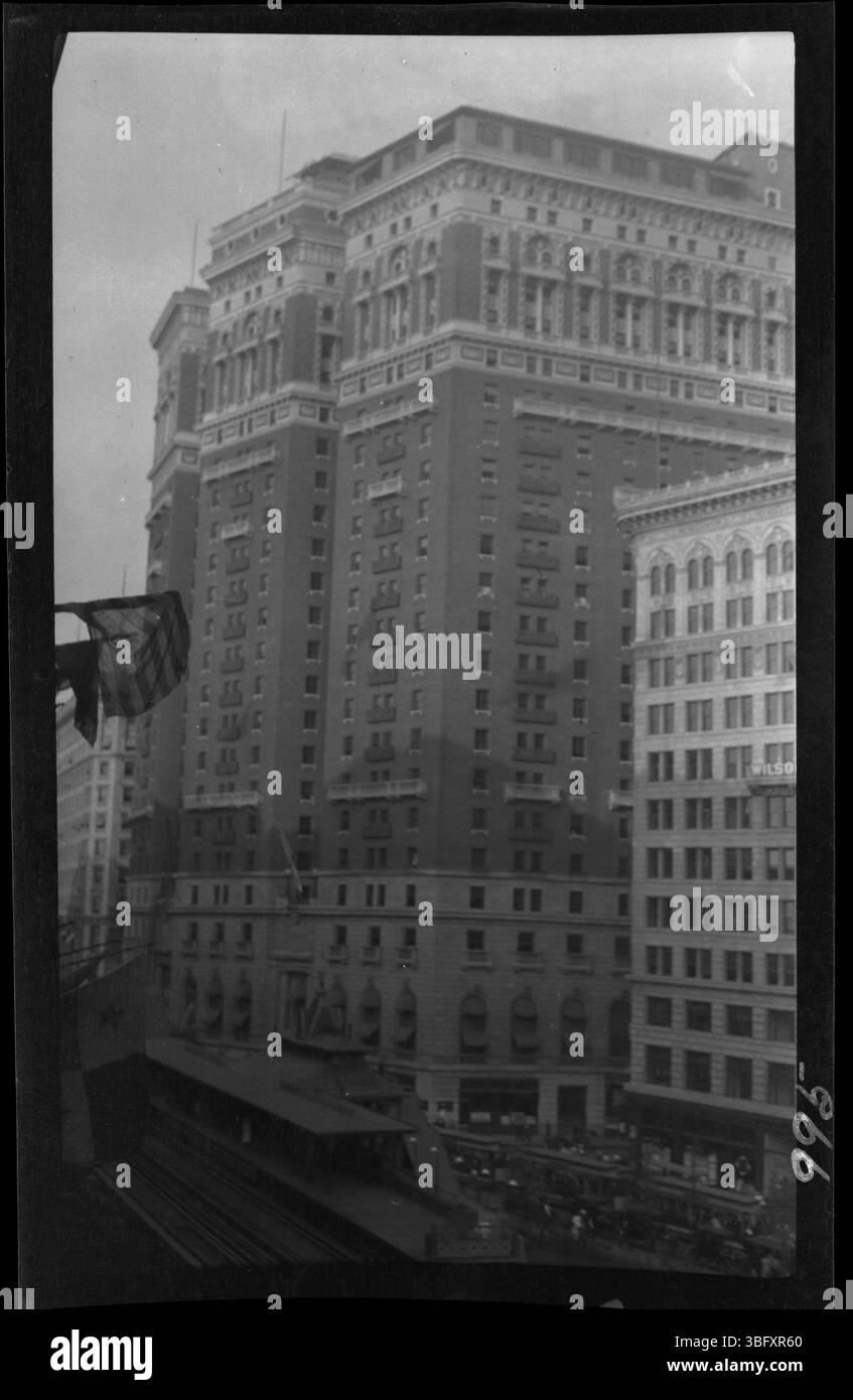 The Hotel McAlpin, built in 1912, was the largest hotel in the world at the time of its completion. This 1913 photograph shows the 24-story building in New York City, which had 9 elevators. Edmund F. Arras visited the hotel on his return from Europe. The building, now part of New York's historical architecture, was a prominent feature of the city’s skyline in the early 20th century. Stock Photo