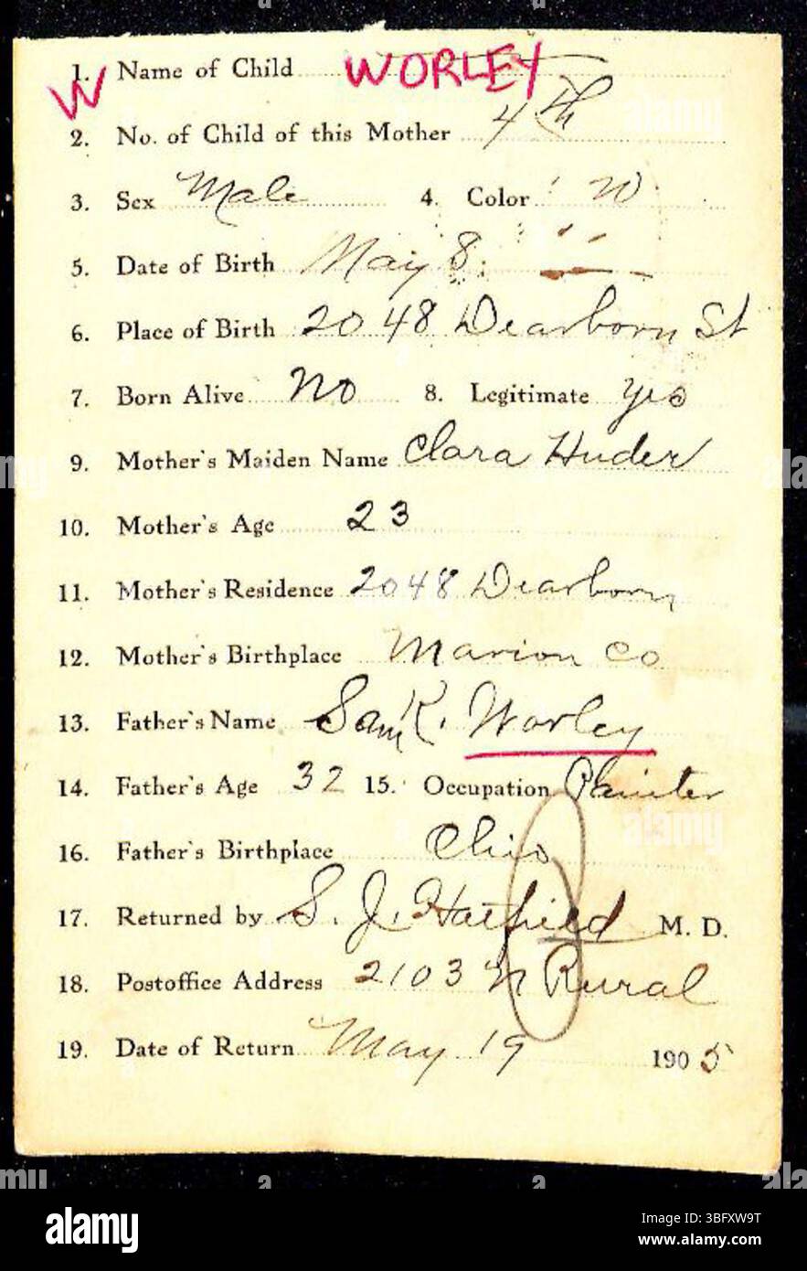 The document includes Marion County Indiana birth returns from 1882 to