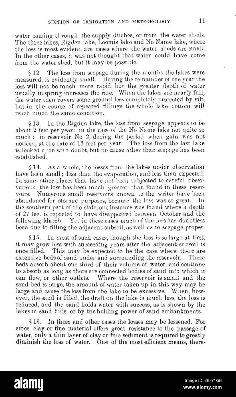 This May 1898 document discusses the significant loss of water from reservoirs due to seepage and evaporation, offering insights into the challenges faced by water management systems during that time. Stock Photo