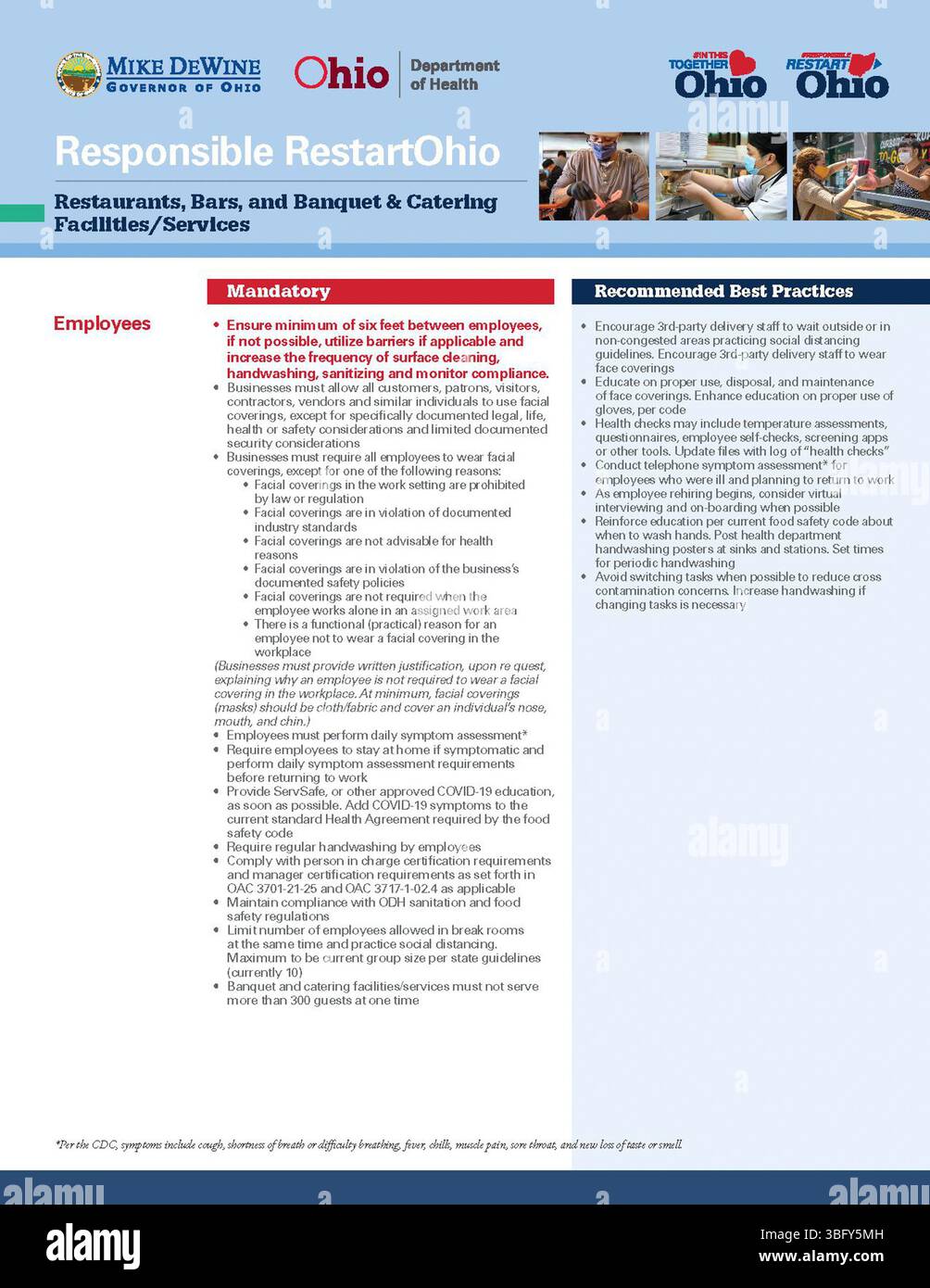 This document, revised on May 22, 2020, provides guidance for restaurants, bars, and banquet & catering facilities to safely reopen as part of Ohio’s Responsible RestartOhio initiative. It outlines health and safety measures to protect workers and customers during the pandemic. Stock Photo