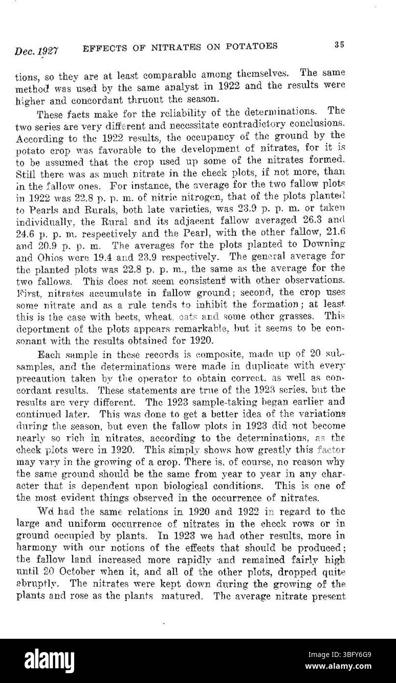This 1927 document examines how nitrate fertilization influences the chemical and nutrient composition of potatoes, with agricultural relevance. Stock Photo