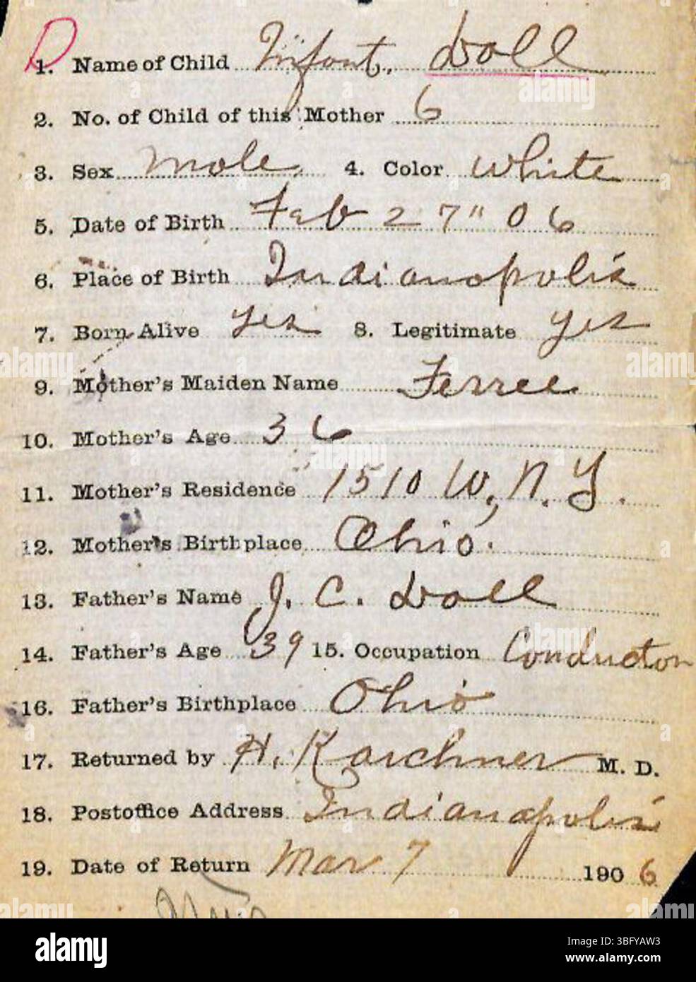 Page 568 of Marion County Indiana birth returns (1882 1907) contains