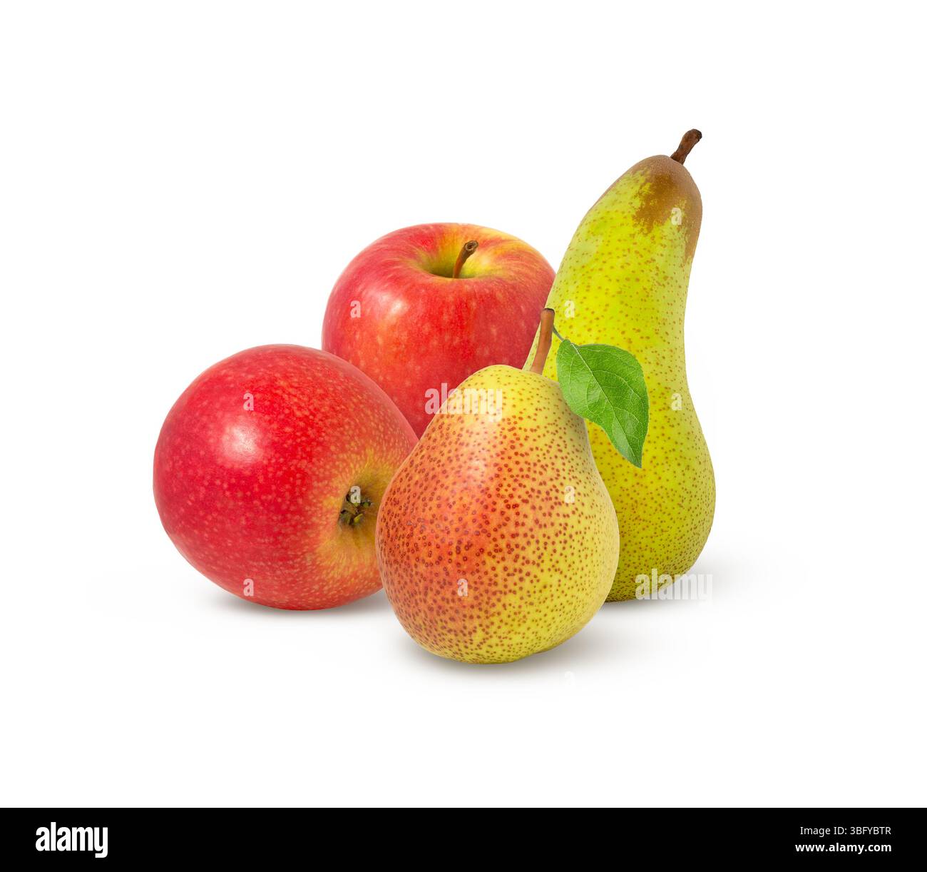 Two apples and two pears isolated. Green pear and red apple with leaf. Stock Photo