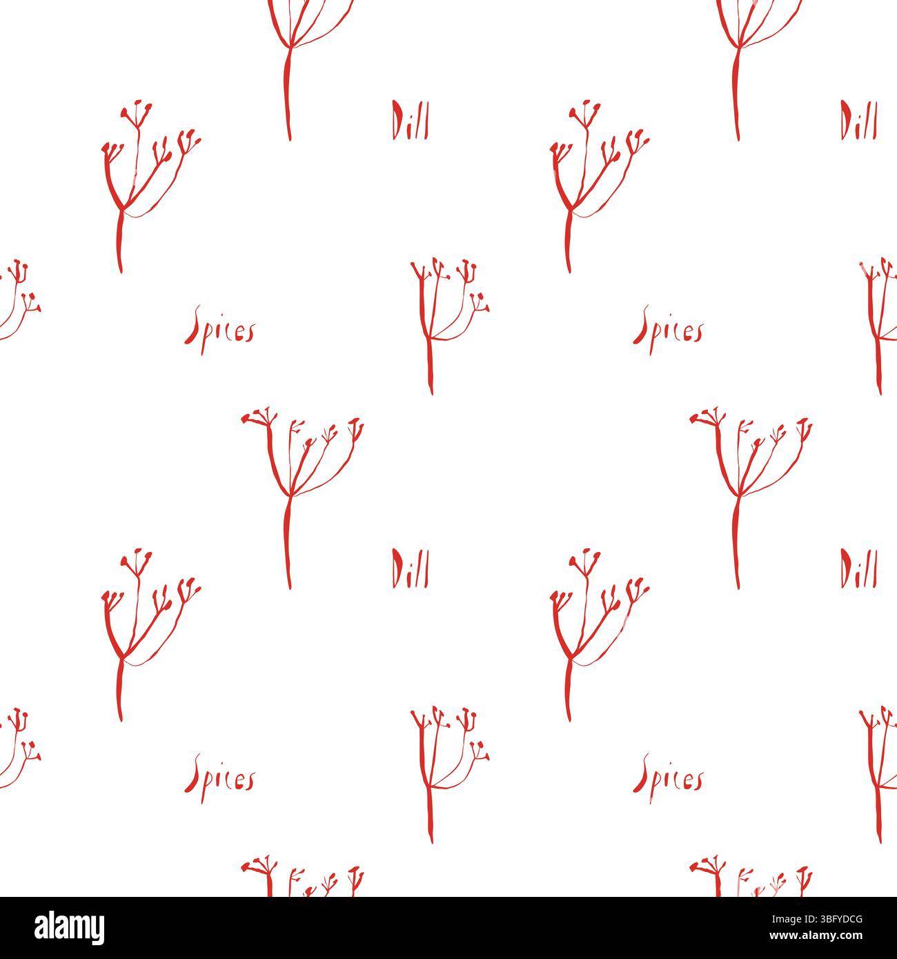 Seamless red dill pattern with hand drawn herbs and handwritten word ...