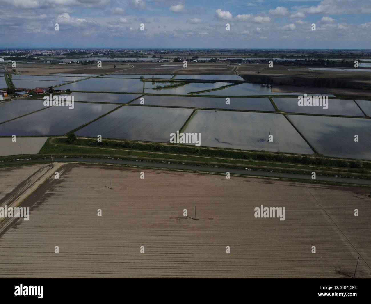 Drone view of Novara’s countryside with flooded rice fields reflecting ...