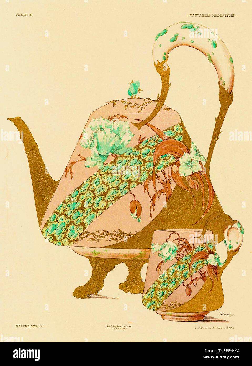 Jules Habert-Dys (French painter and engraver) - Decorative Fantasy - Tea Pot and Tea Cup - 1887 Stock Photo