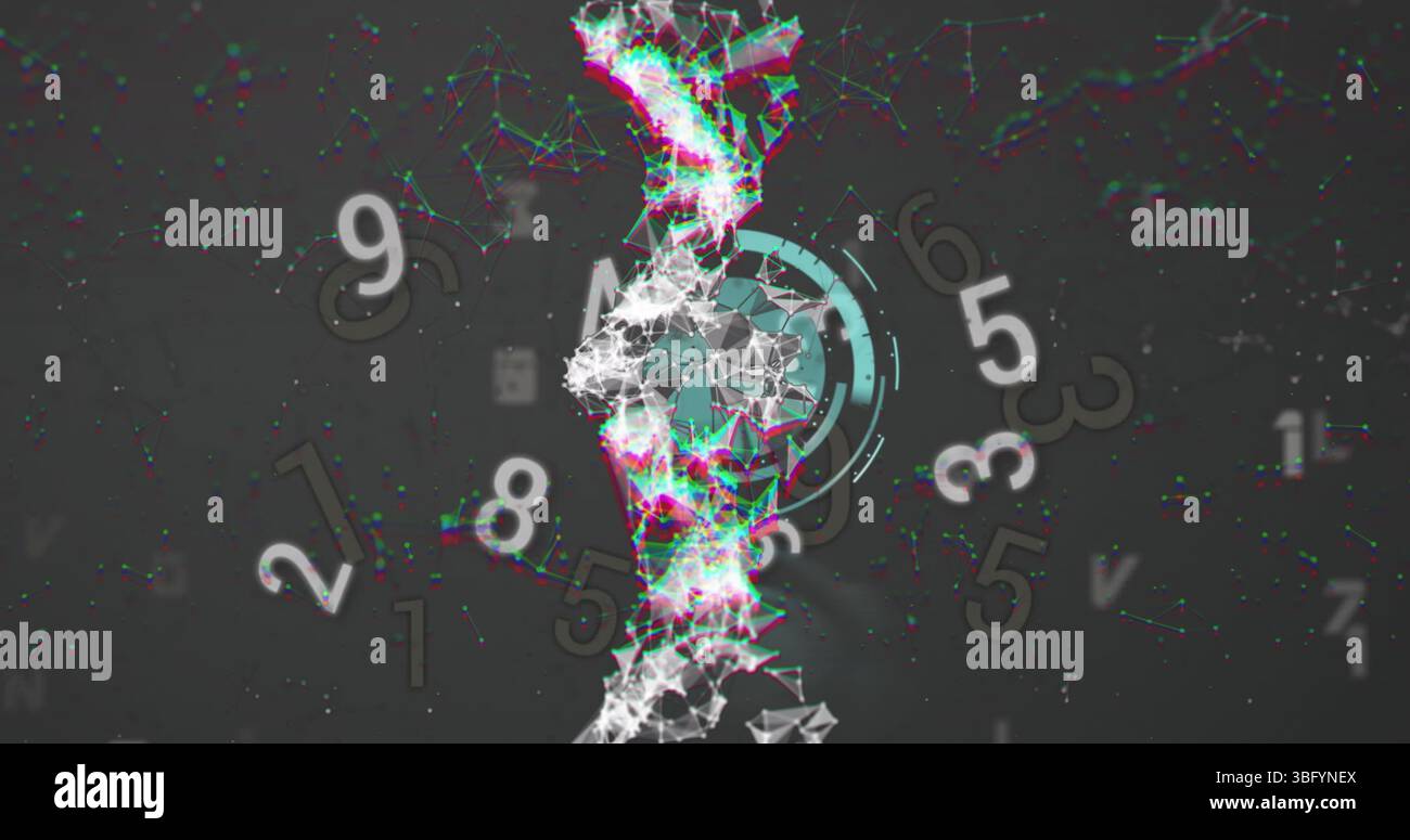 Image of dna, numbers, clock and connections on black background Stock Photo