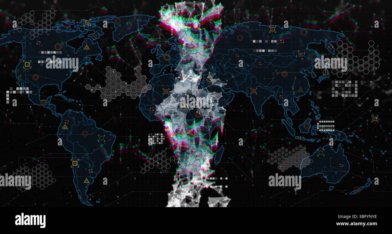 Image of dna strand, data processing and statistics over world map Stock Photo