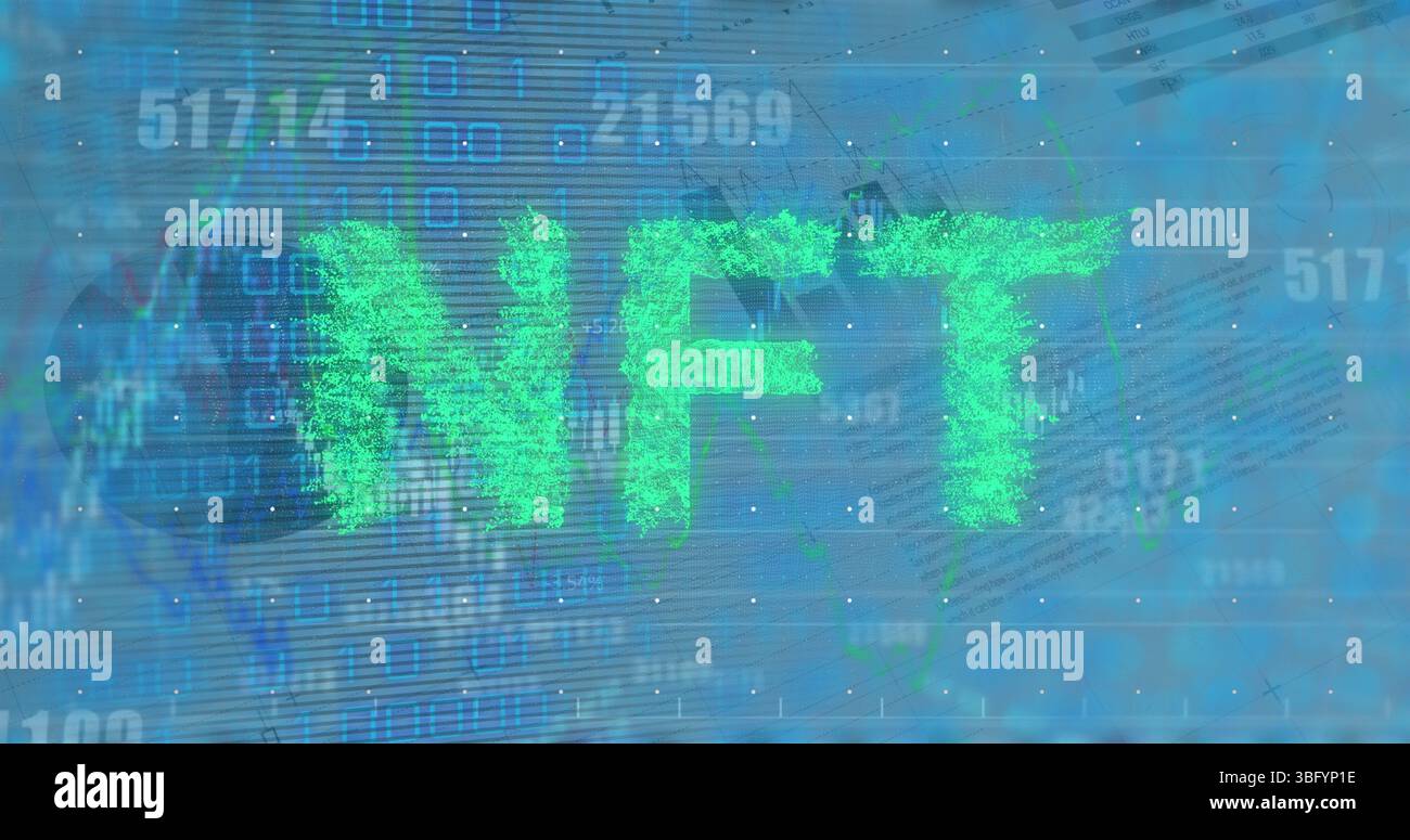 Image of nft text and binary coding over statistics Stock Photo