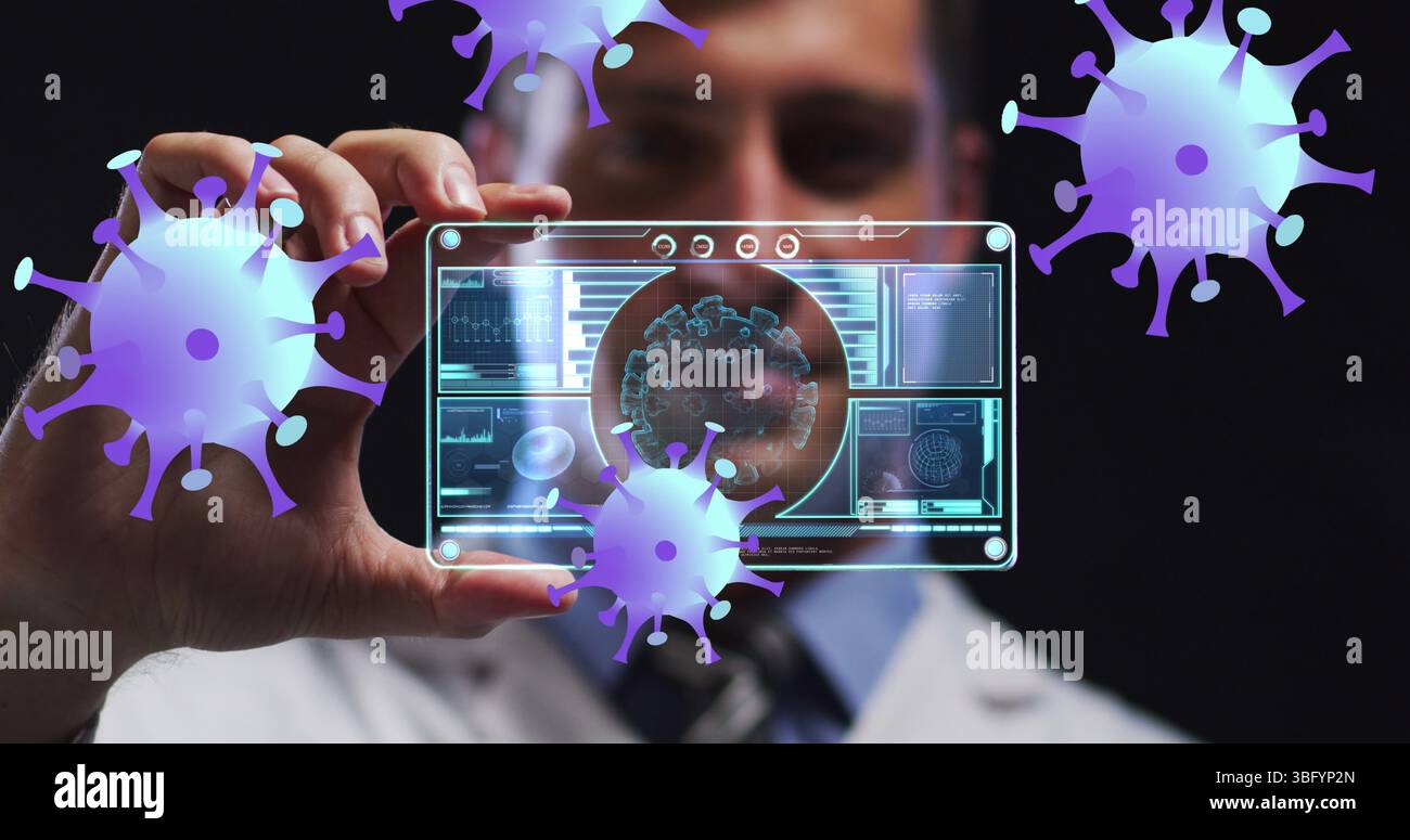 Image of purple virus cells over caucasian male lab worker with digital ...