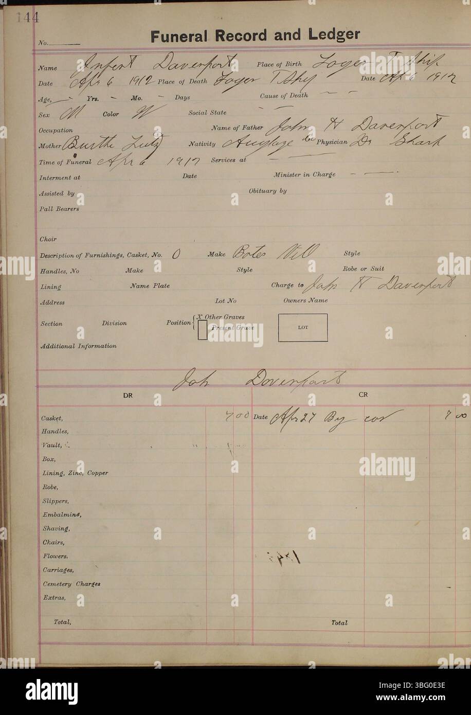 This page from the Funeral Record and Ledger from the years 19111915