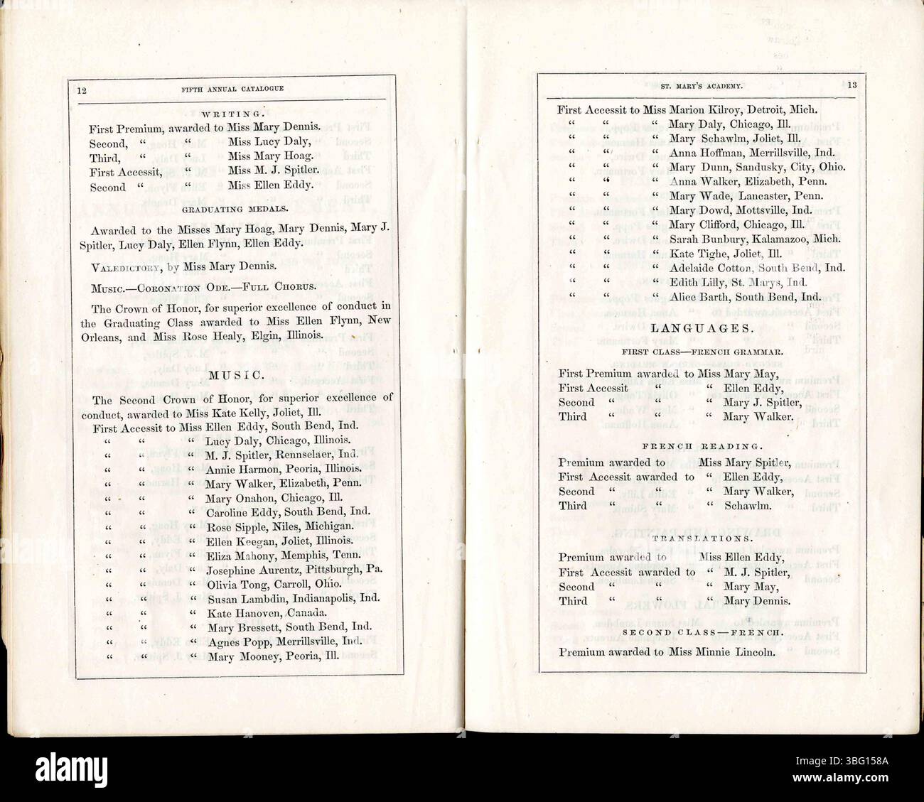 This page of the 1860 annual catalogue from St. Mary's Academy in Notre