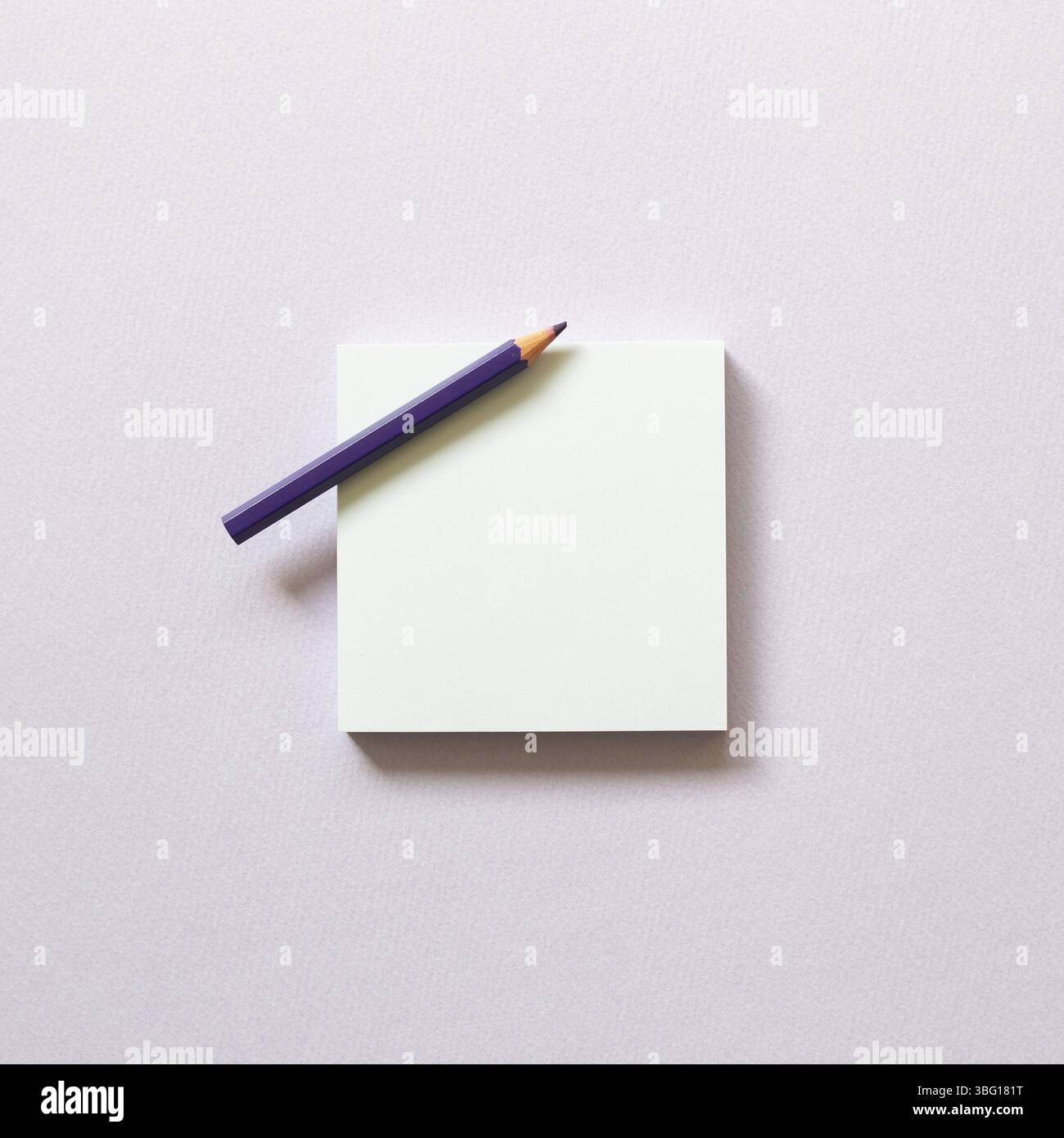 Memo paper, sticky notes with colored pencil on purple background. top view, copy space Stock Photo