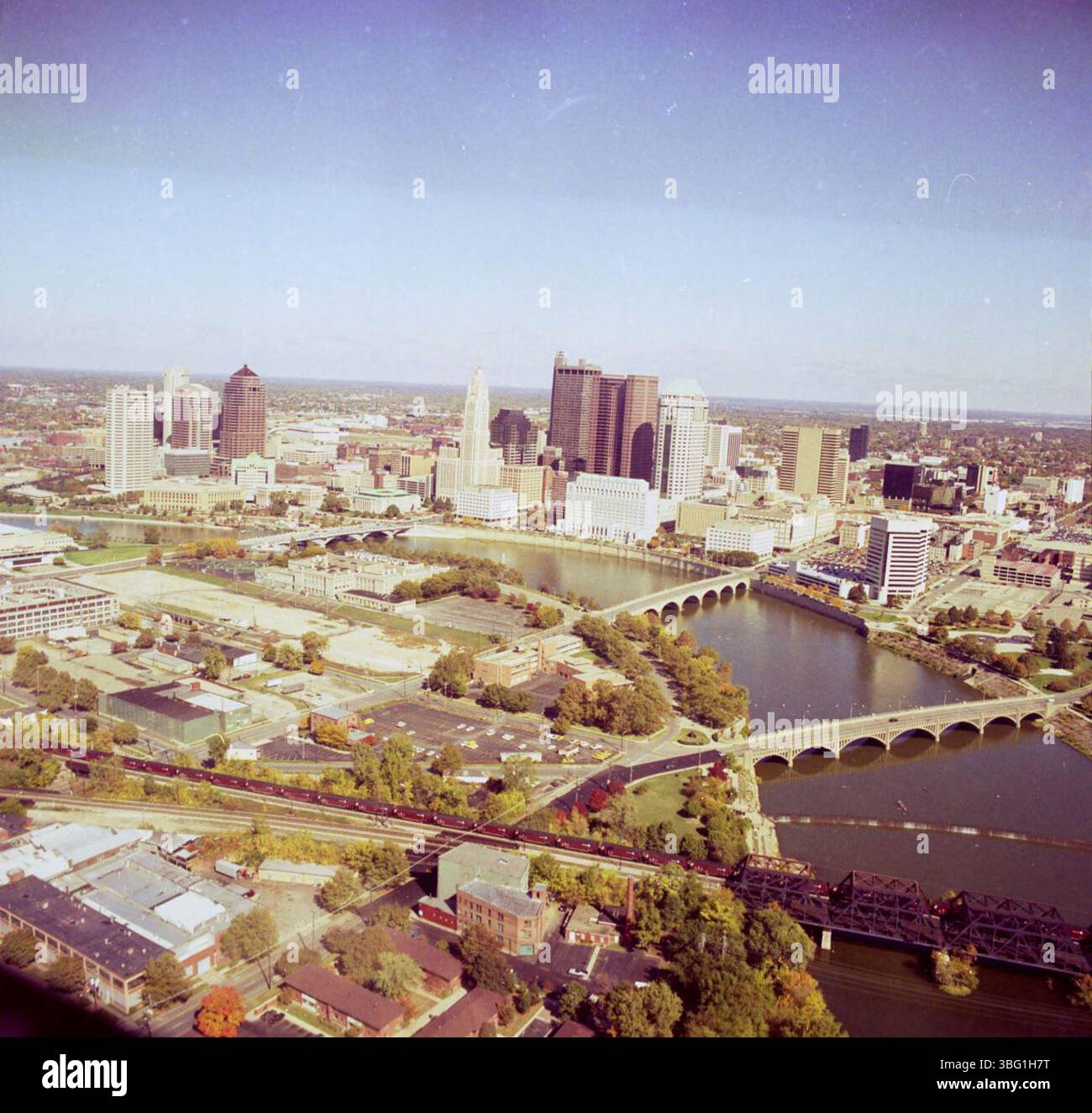 This aerial photograph of Columbus from the mid-1990s captures downtown