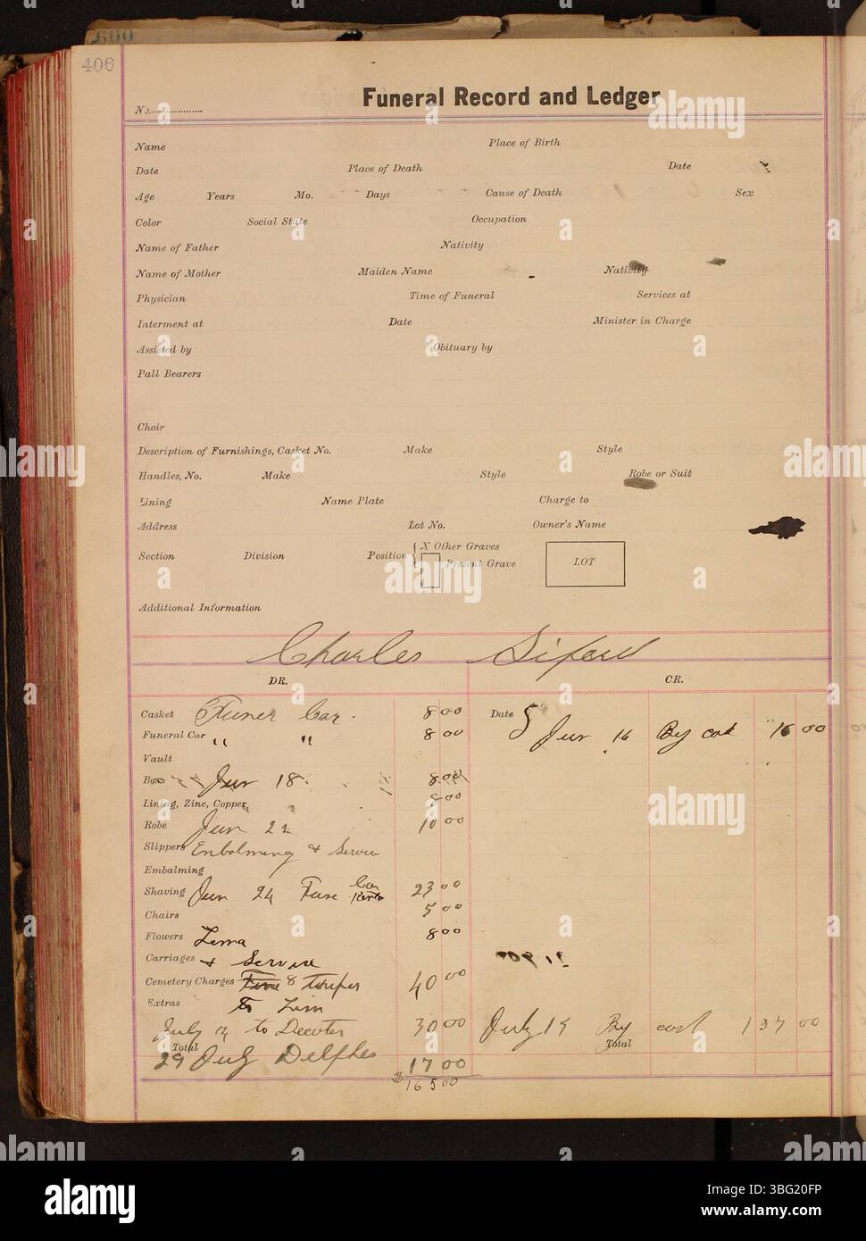 Funeral record ledger from 19161920 for the Charles C. Siferd