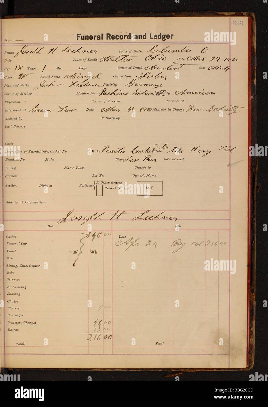 This ledger includes funeral records from 1916 to 1920, documenting the