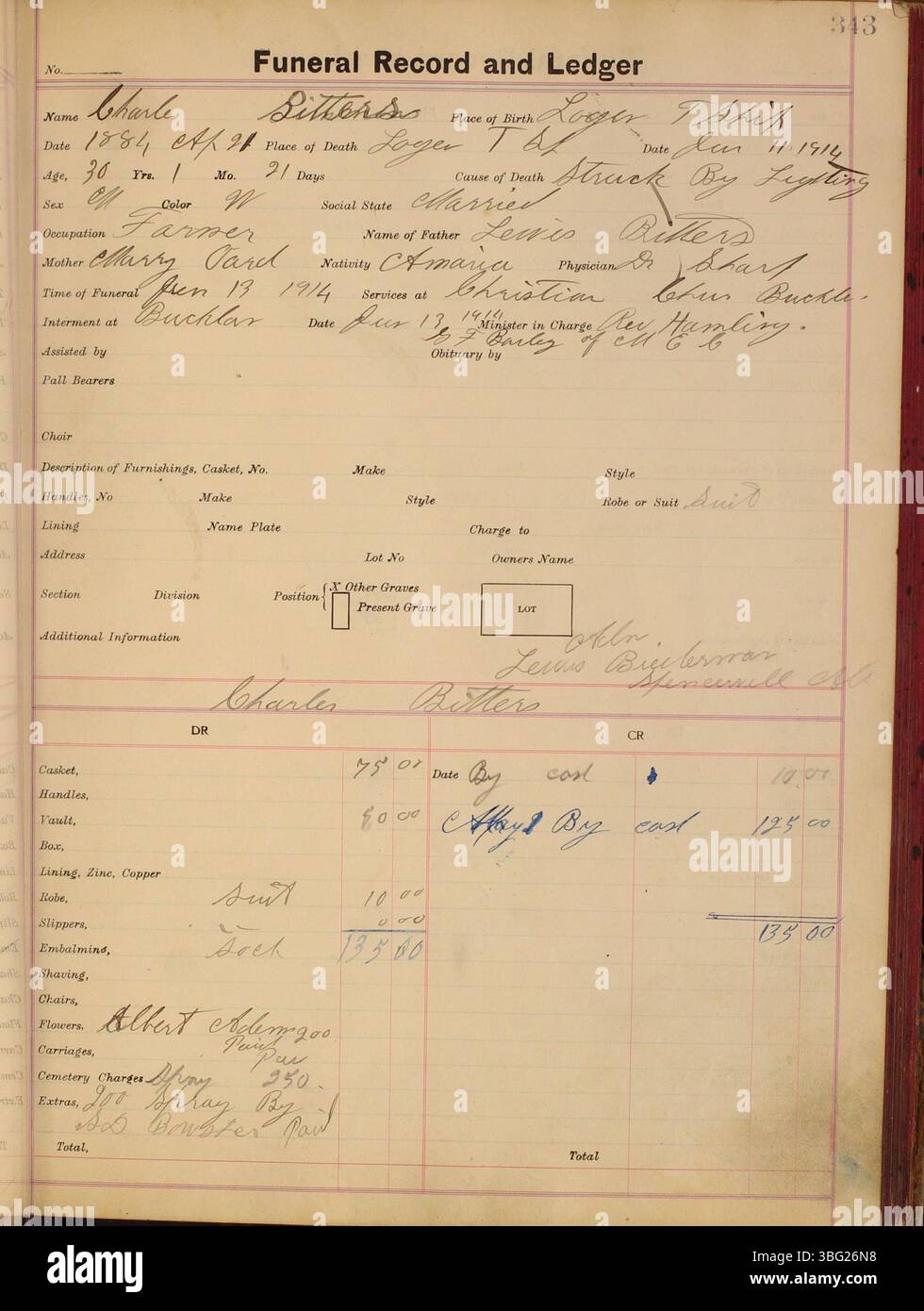 This entry in the Funeral Record and Ledger (19111915) from Charles C