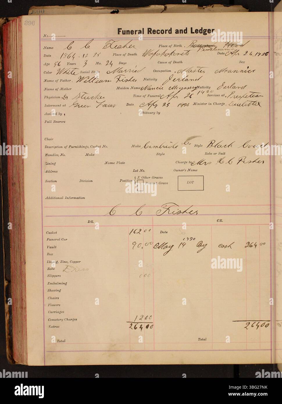 This funeral ledger from 1916 to 1920 documents the services provided