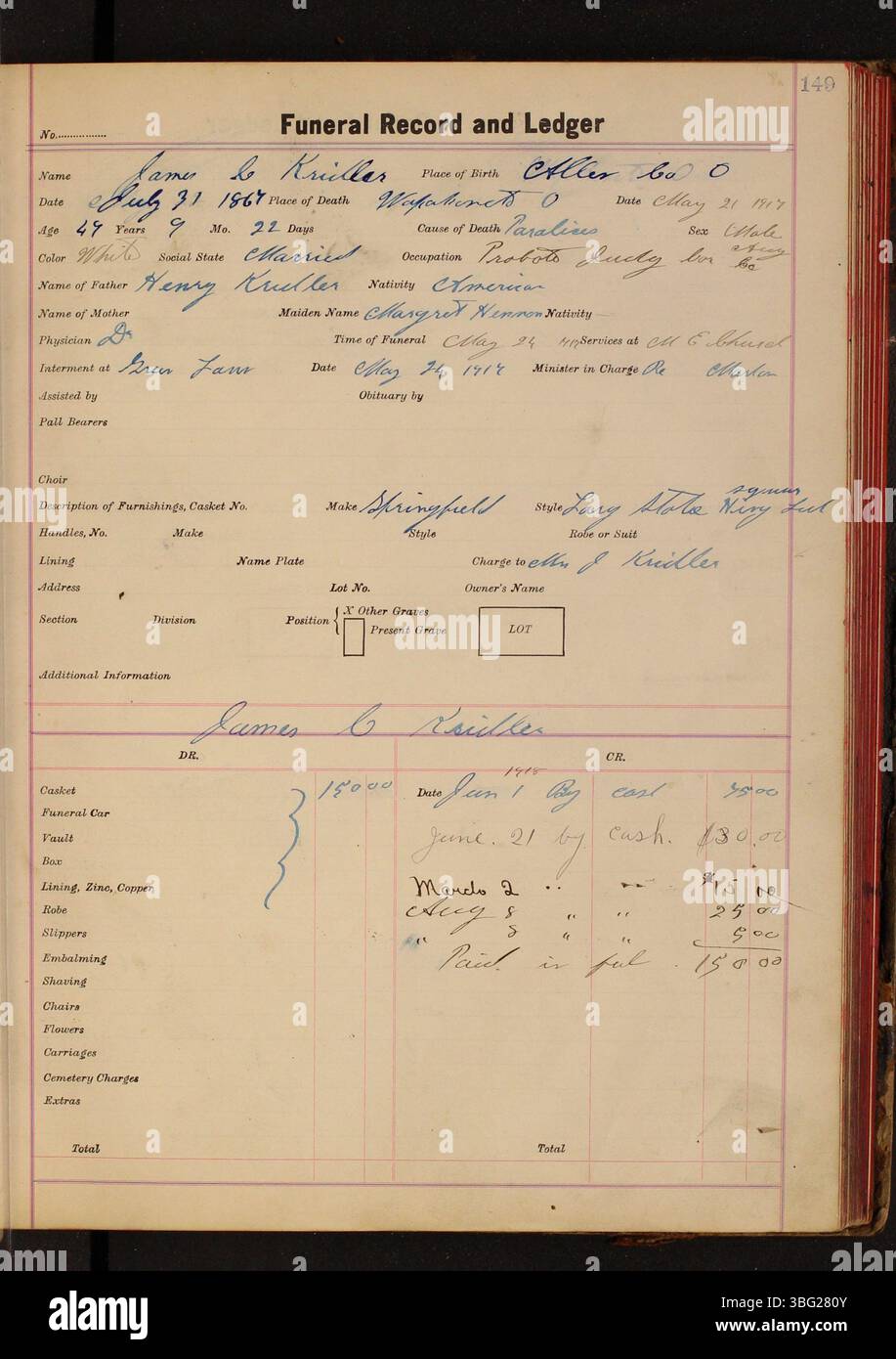 This page of the Funeral Record and Ledger (19161920) by the Charles C