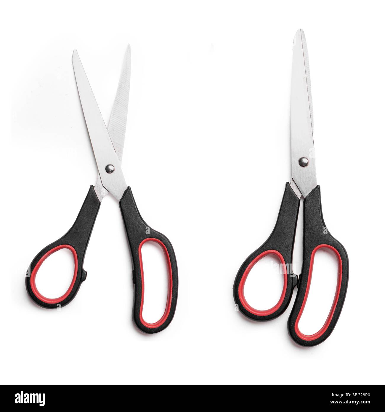 Black multipurpose scissors set isolated on white background, design element. Open and close sewing scissors. Stock Photo