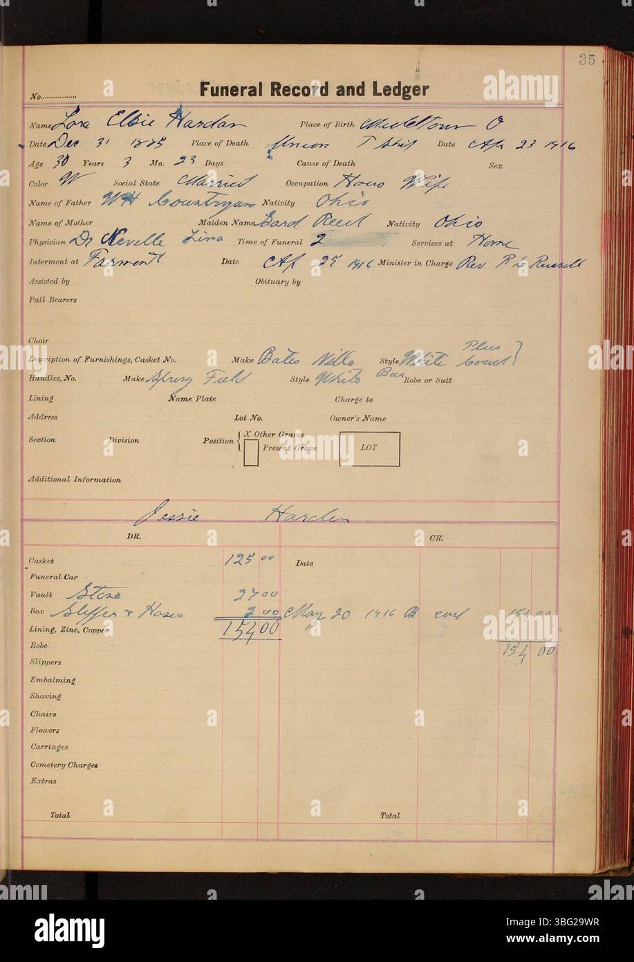 This entry from the Charles C. Siferd Funeral Ledger provides records