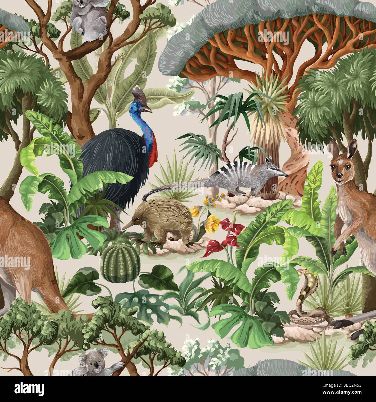 Seamless pattern with Australian animals and trees. Vector. Stock Vector
