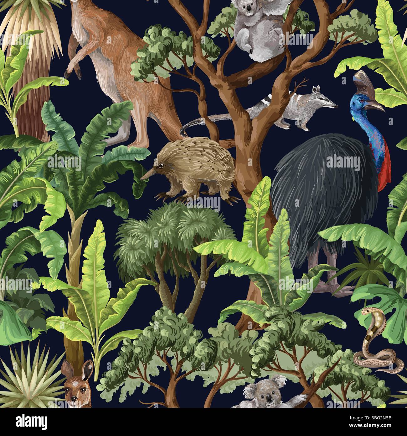 Seamless pattern with Australian animals and trees. Vector. Stock Vector