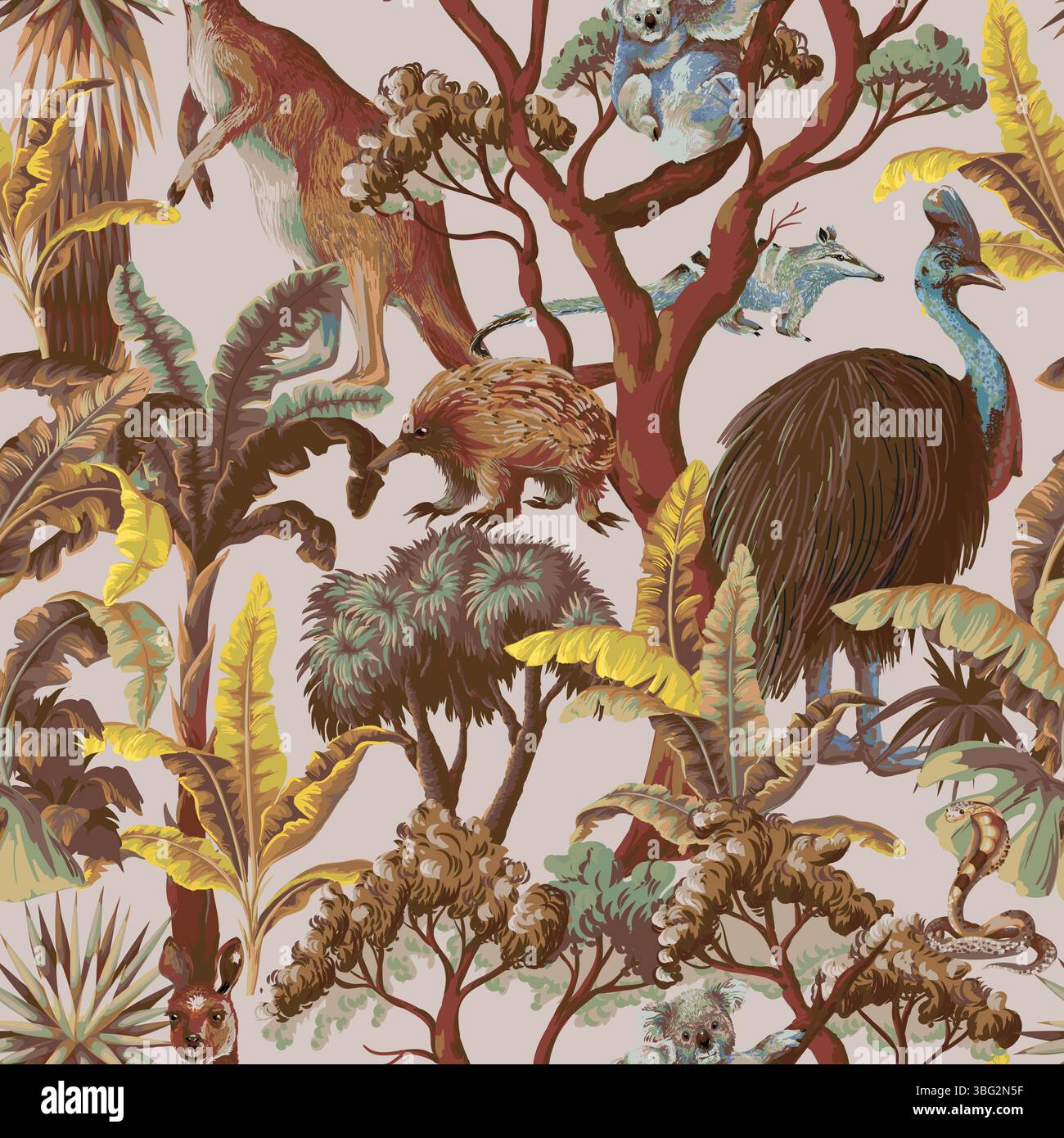 Seamless pattern with Australian animals and trees. Vector. Stock Vector