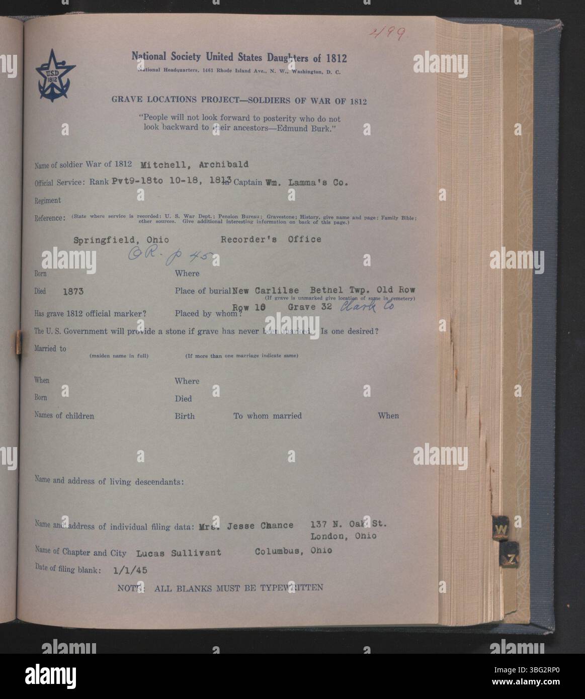 A 1945 compilation identifying burial locations in Ohio of soldiers who ...