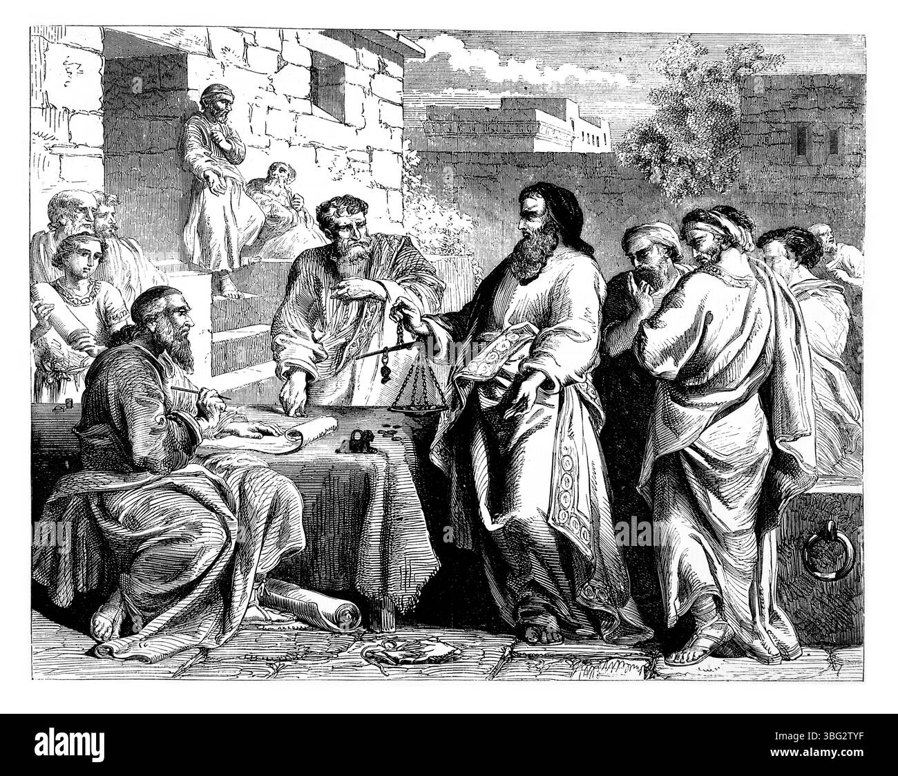 Illustration of Jeremiah in the Court of the Prison buying his Kinsman's Field (Jeremiah XXXII 6-12) Buying his Cousin Hanamel's Field in Anathoth  fr Stock Photo