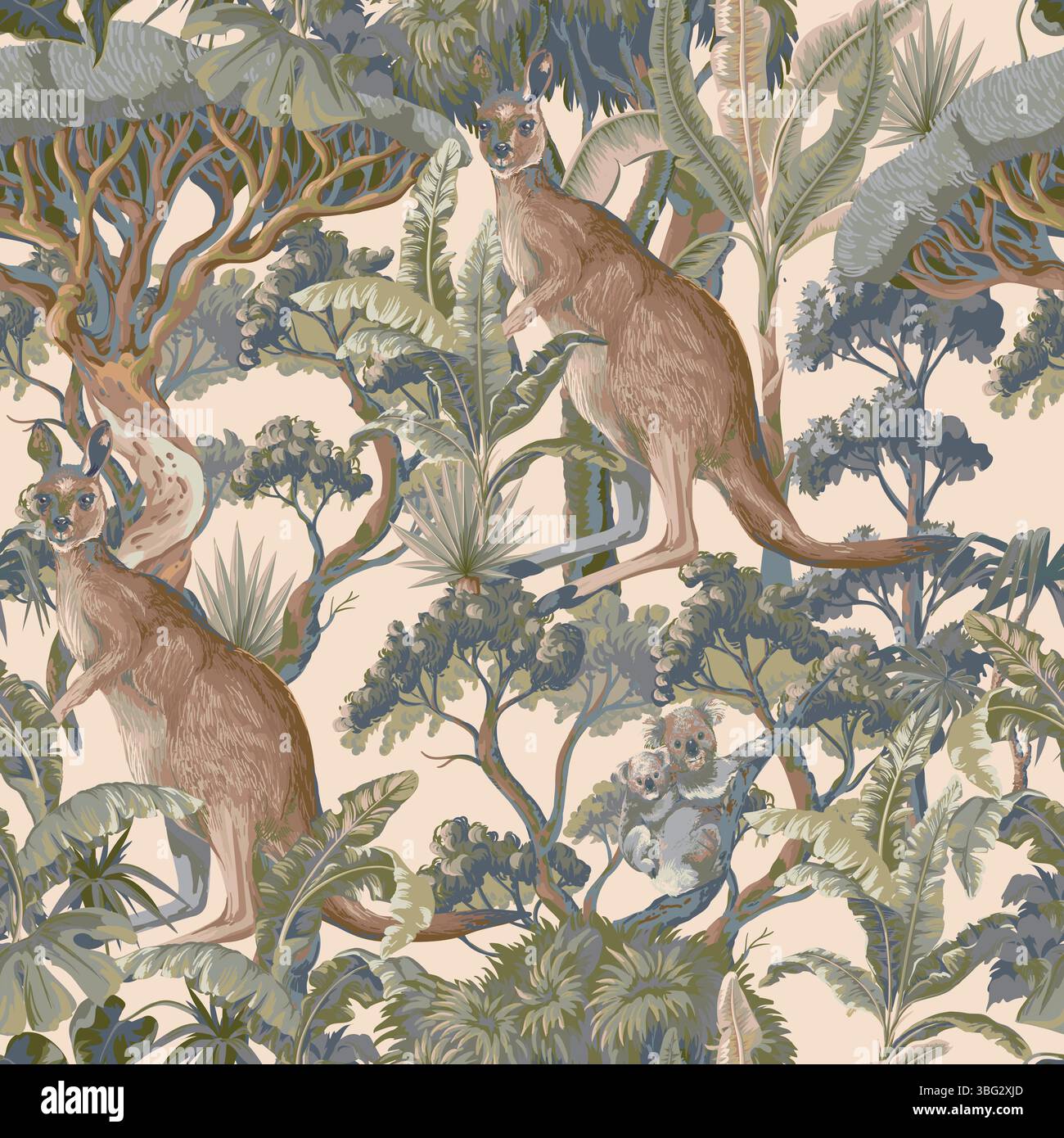 Seamless pattern with Australian animals and trees. Vector. Stock Vector
