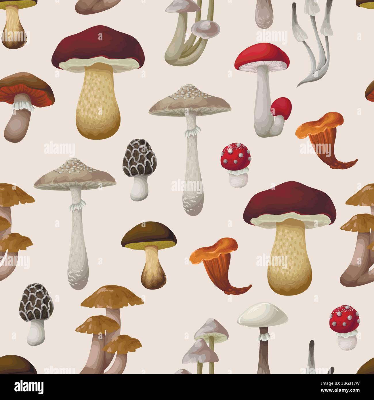 Seamless pattern with different mushrooms. Vector. Stock Vector