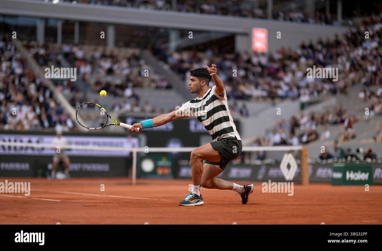Carlos Alcaraz in action during his men's singles quarter final match