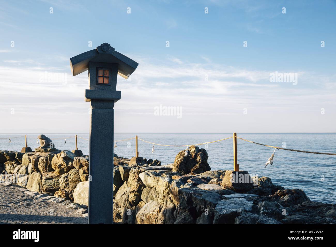 Japanese traditional lantern with Futaminoura bay sea in Futami, Mie, Japan, Asia Stock Photo