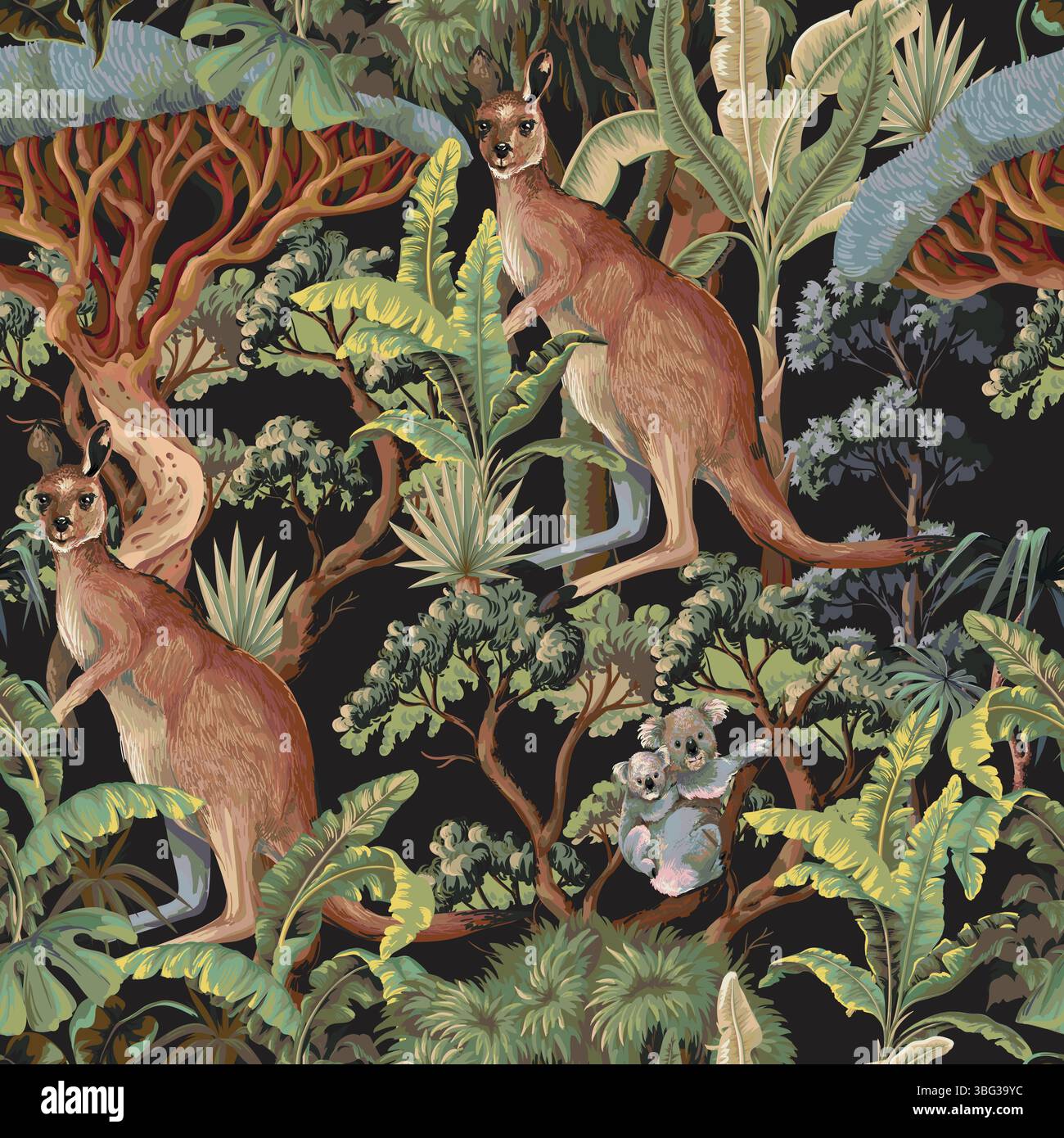 Seamless pattern with Australian animals and trees. Vector. Stock Vector