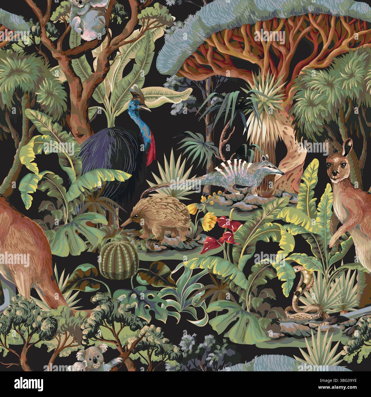 Seamless pattern with Australian animals and trees. Vector. Stock Vector