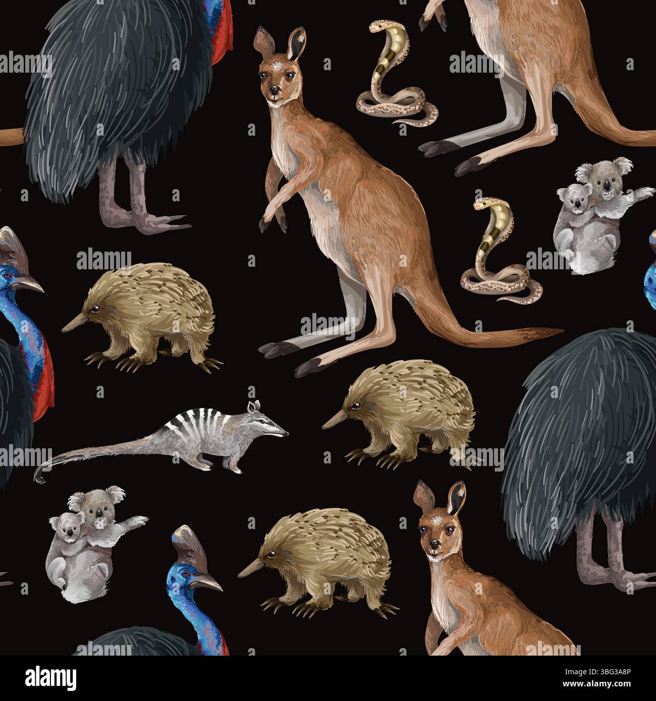 Seamless pattern with Australian animals and trees. Vector. Stock Vector