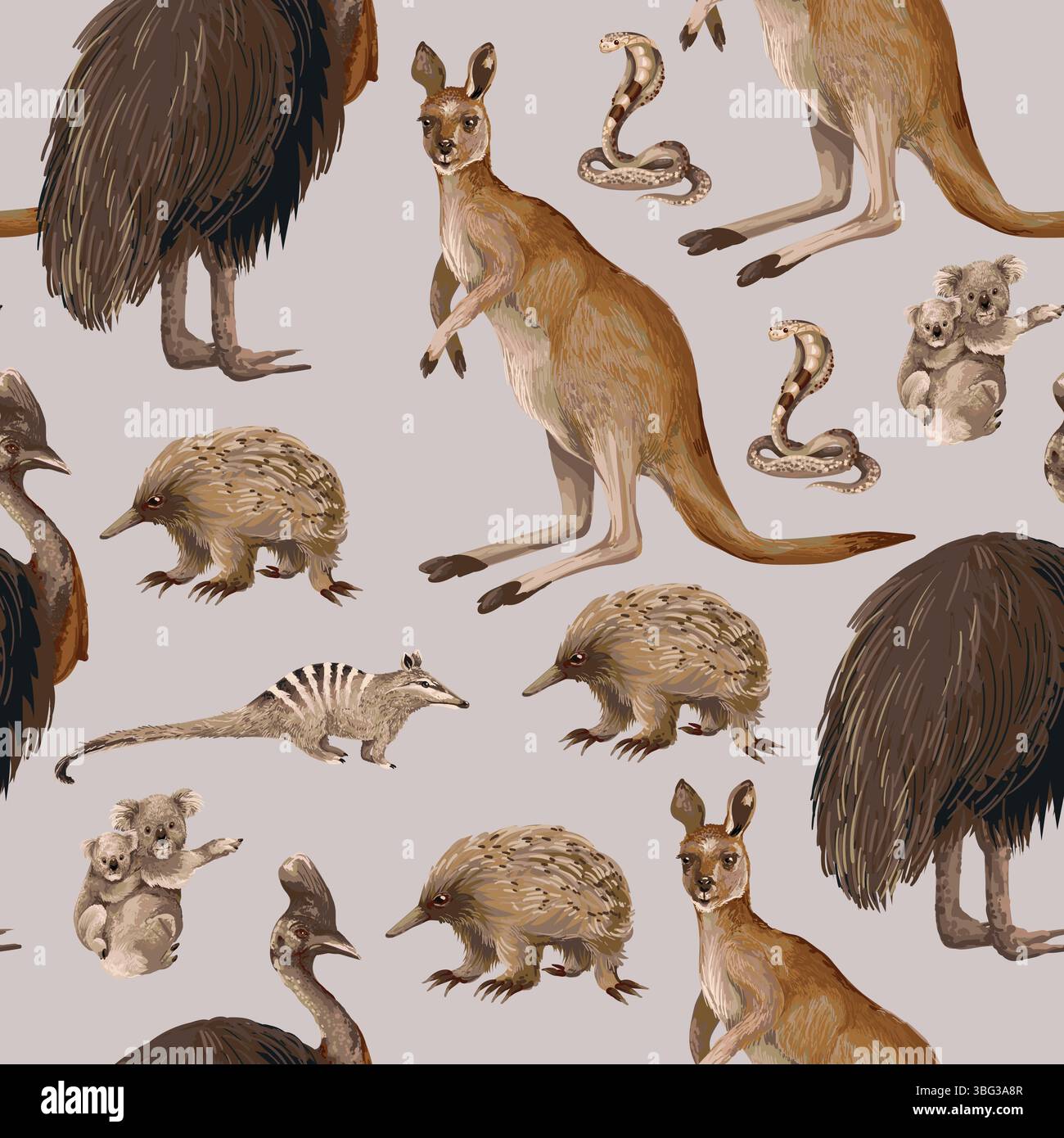 Seamless pattern with Australian animals and trees. Vector. Stock Vector