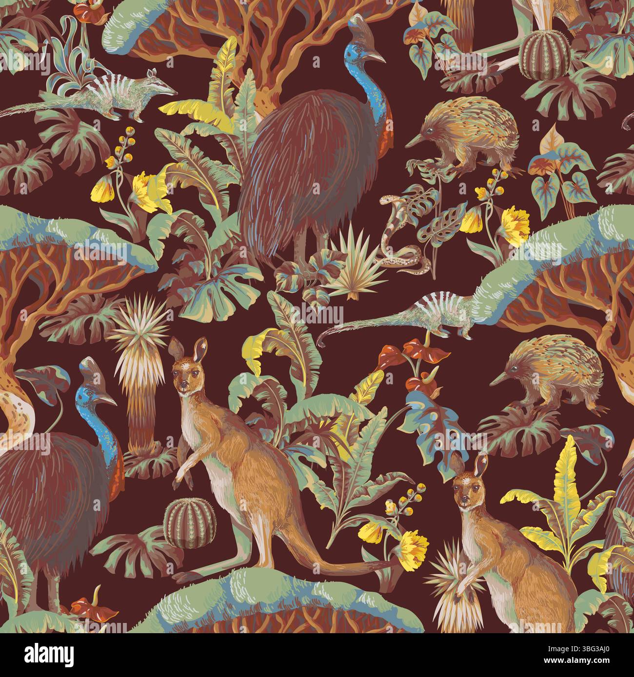 Seamless pattern with Australian animals and trees. Vector. Stock Vector