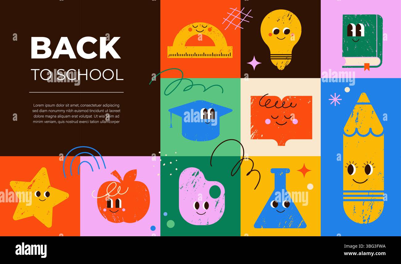 Colorful Back to School hand drawn poster in cartoon style Stock Vector ...