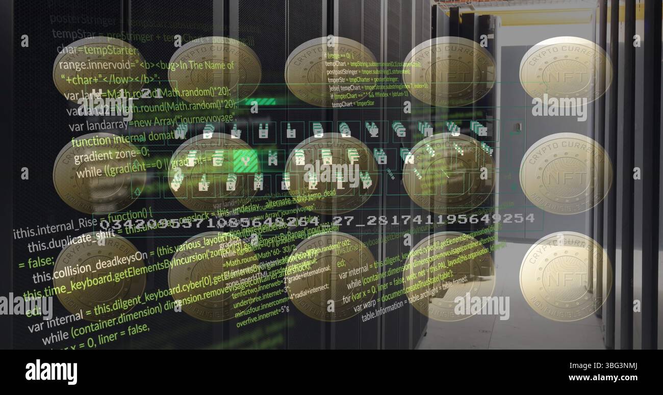 Image of coins with nft and data processing over servers Stock Photo