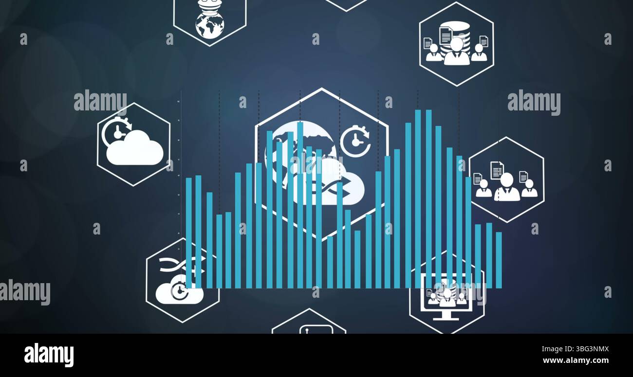 Image of statistical data processing over digital icons against light spot on blue background Stock Photo