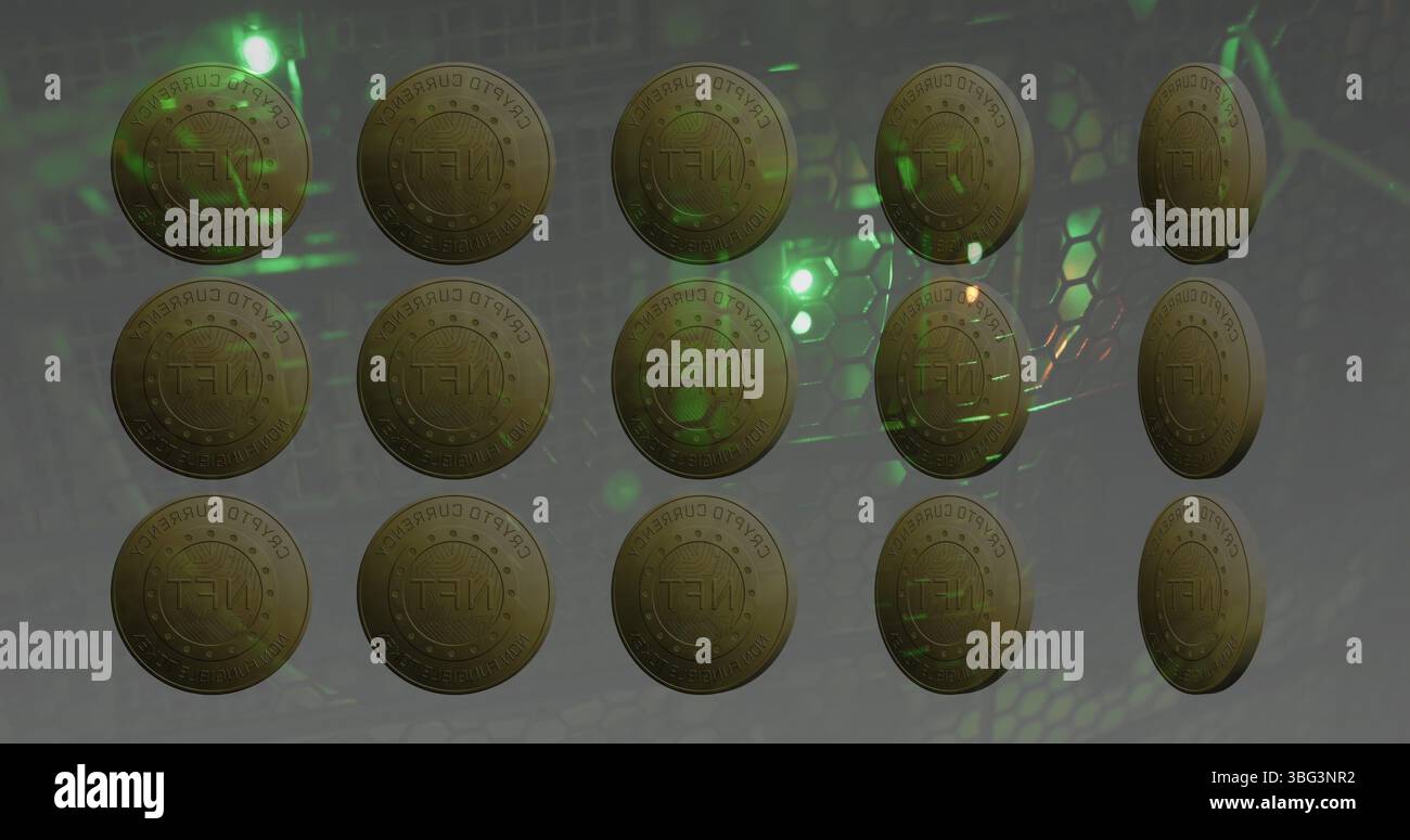 Image of coins with nft and data processing over servers Stock Photo